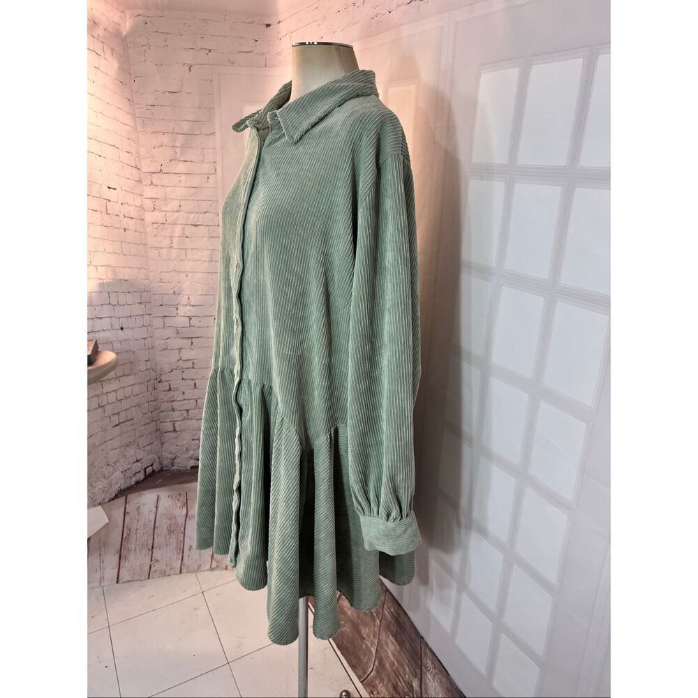 ASOS DESIGN Curve Mint Green Corduroy Cord Smock Button Down Mini Dress Size 24 - Picture 3 of 10